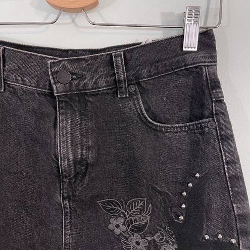 Mango  Women's Black Floral Embroidered A-line Denim Skirt Size XS