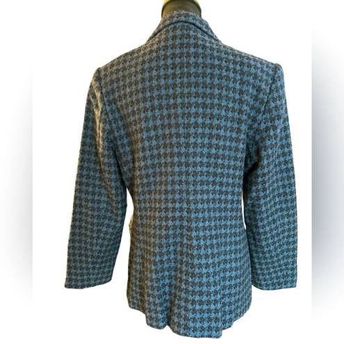 Coldwater Creek 100% Wool Shell  Zip Front Blue Houndstooth Lined Blazer Size 14