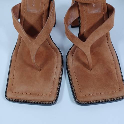 Good American  Size 8 Square Toe Brown Suede Block Heel Thong Sandals Zipper Edge