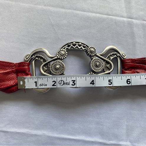 Chico's Red‎ Leather & Silver Tone Stretch Belt Thick Back Elastic