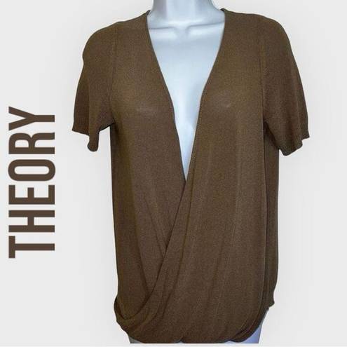 Theory  Women's Brown Yetta Sphere Faux Wrap Short Sleeve Sweater Size S/P