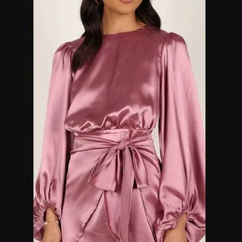 Petal and Pup  Opal Mauve Purple Satin Long Balloon Sleeve Wrap Mini Dress 10