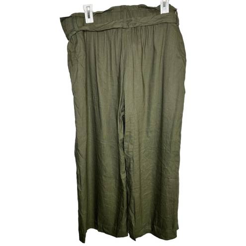 J.Jill  Olive Green Linen Blend Wide Leg Paperbag Waist Tie Detail Pants Size L