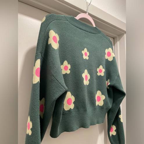 Daisy Bailey Rose Green Pink & Pale Yellow  Floral Cropped Cardigan Sweater - S