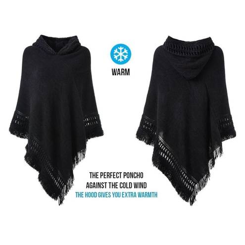 NEW Hooded Cape Fringed Hem Poncho Knit Pattern One Size Size undefined