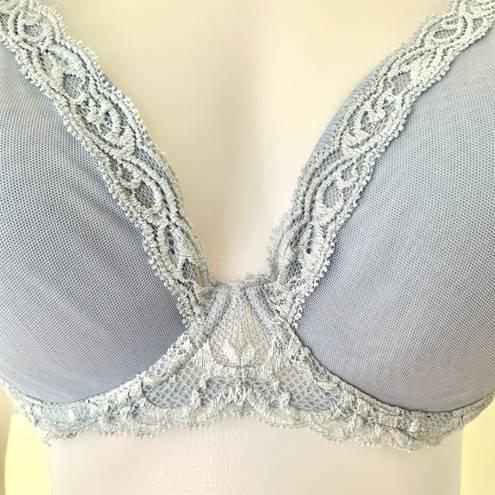 Natori Feathers lace trim plunge contour underwire bra 36DDD light blue