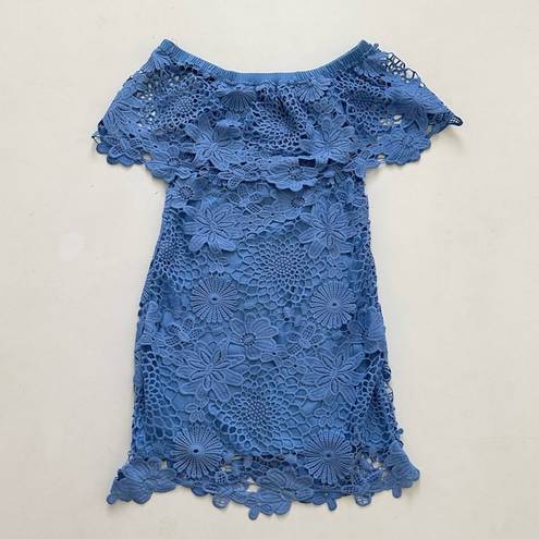 Mimi Chica  Dress Blue Lace Crochet Off Shoulder Short Sleeve Mini Dress Medium