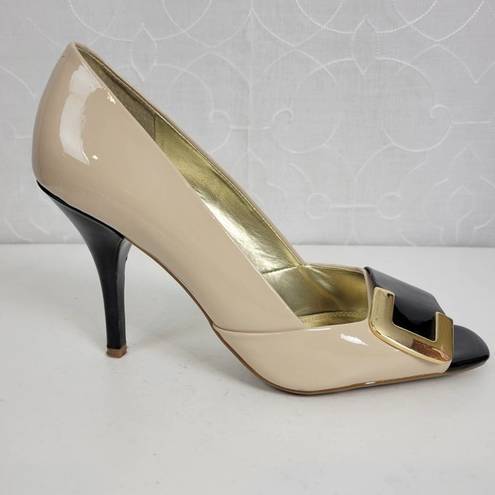 Unisa  Womens Shoes Size 7.5 Tan Black Patent Leather Peep Toe Slip On Heels