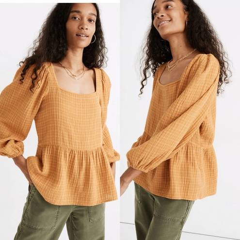 Madewell Lightspun Millbrook Puff-Sleeve Peplum Top in Windowpane