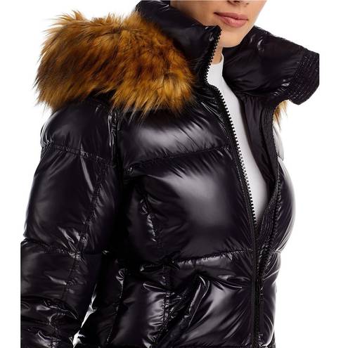 AQUA NWT  Faux Fur Trim Gloss Puffer Jacket in Jet Black Size M New w/Tag $238