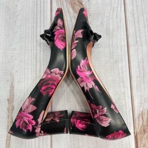 Kate Spade  Black and Pink Rose Floral Block Heel Pumps with Bow Size 6.5M