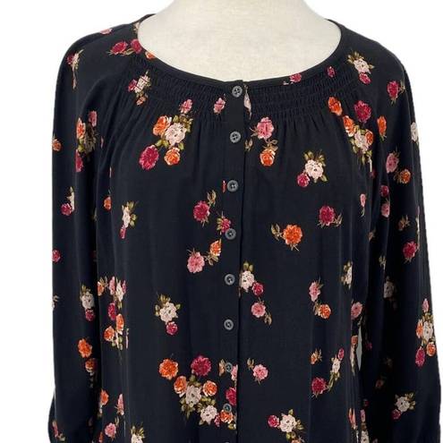 J.Jill  Floral Button Down Dress Smocked Neck Floral Printed Mini Black Womens MP