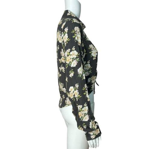 Oak + Fort  Shirt Womens Medium Black Cream Floral Flowers Ruched Tie Front Bloom