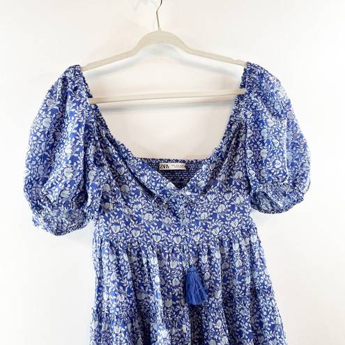 ZARA  Floral Ballon Short Puff Sleeve Mini Sundress Blue White Medium