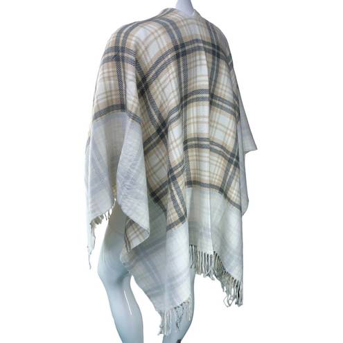 J.Jill  Womens One Size Poncho Sweater Wrap Plaid Acrylic Fringe Neutral Soft