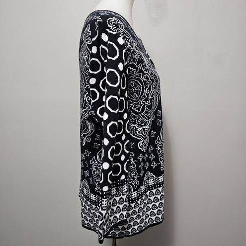 Isaac Mizrahi  Black & White Geo Paisley Jacquard Knit Cardigan Size XL