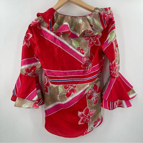 Tommy Hilfiger TOMMY BY  Blouse Size Small Silk NWT Ruffle Tropical Floral Tie