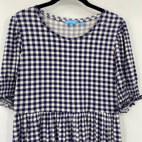 Draper James  Lee Ann Mini Dress Tiered Fit & Flare Stretch Knit Navy Gingham M