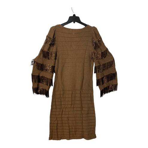 St. John St Claire vintage women’s 8 medium knit brown dress beaded fringe puff 