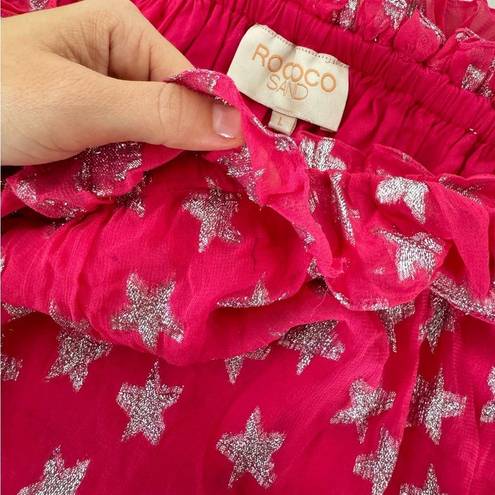 Rococo  Sand Metallic Stars Print Ruffle Maxi Skirt Barbiecore Hot Pink