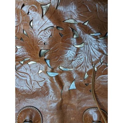 Patricia Nash  Cavo Cognac Brown Floral Tooled Leather Scalloped Cutout Tote Bag