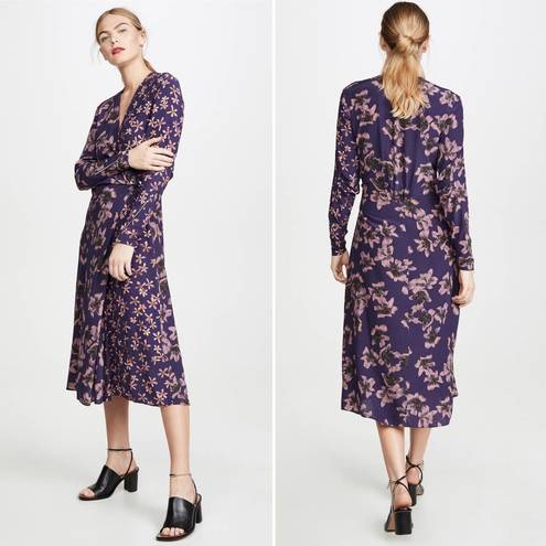 Rag and Bone  Odette V Neck Long Sleeve Blue Floral Wrap Midi Dress US 2