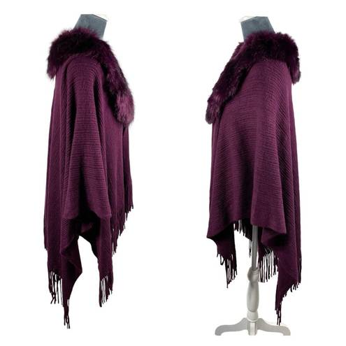 Young USA Knit Poncho Cape Shawl Faux Fur Collar Fringe OSFM Plum Purple NEW! Size undefined