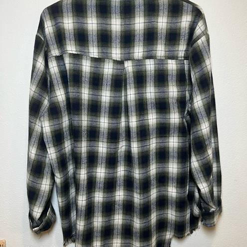 POL  Green Flannel Button Down with Raw Hem Oversized Size Small EUC