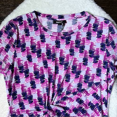 DKNY  Pink Abstract Front Twist Knot Short Sleeve Blouse