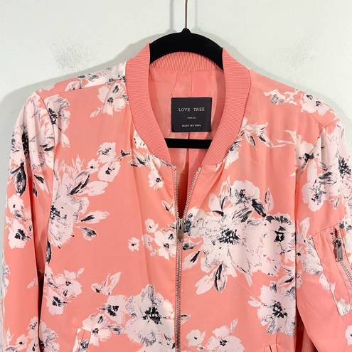 Love Tree  Women's Pink Floral Full Zip Bomber Jacket Size S