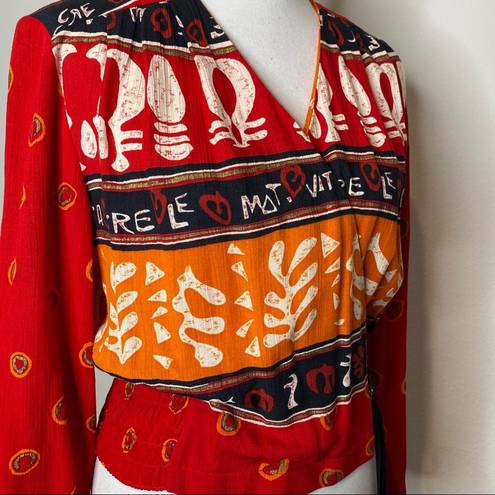 Carole Little  Crop Top Tribal Print Vintage Artsy Red Blouse Women Size 4