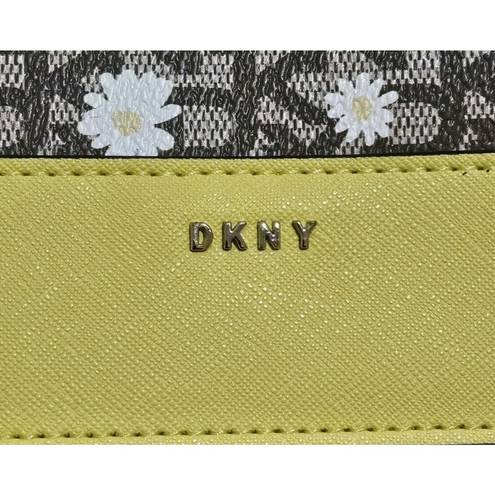 DKNY  Logo Wristlet Pouch Clutch Zipper Bag Daisies Saffron Leather Yellow Brown