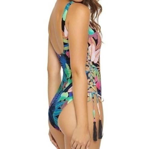 PilyQ NWT  BLACK FLORAL Aralia Lace Up Lola One Pice Swimsuit