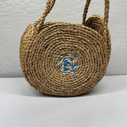 Vintage Blue  White Swirl Boho Round Straw Raffia Bag Hand Woven Shoulder Purse