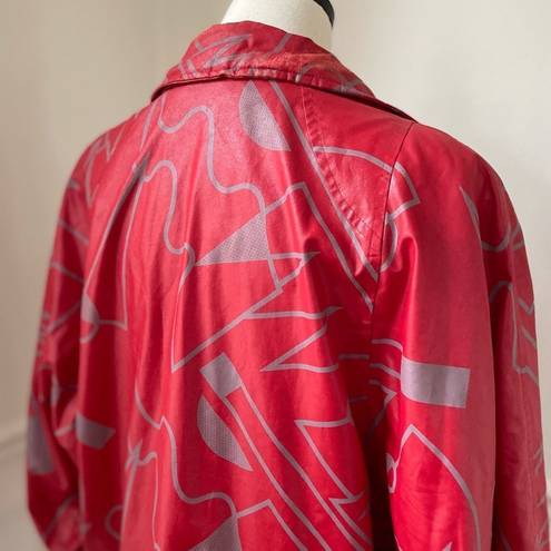 Vintage 80s Faux Leather Geometric Shape Oversized Coat Jacket Red Grey L Size L