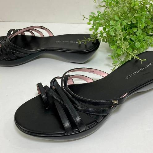 Tommy Hilfiger  leather slide sandals women's 9.5 black straps low platform heel