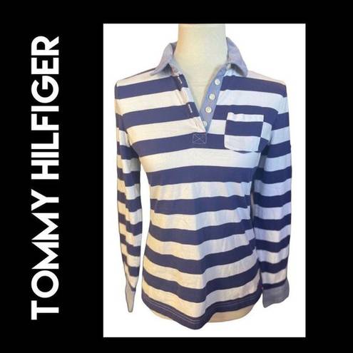 Tommy Hilfiger  Vintage Women's Long Sleeve Blue Stripe Half Buttoned Shirt Size