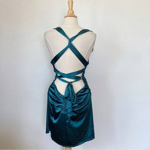 B Darlin Teal Satin Open Strappy Back Cocktail Dress