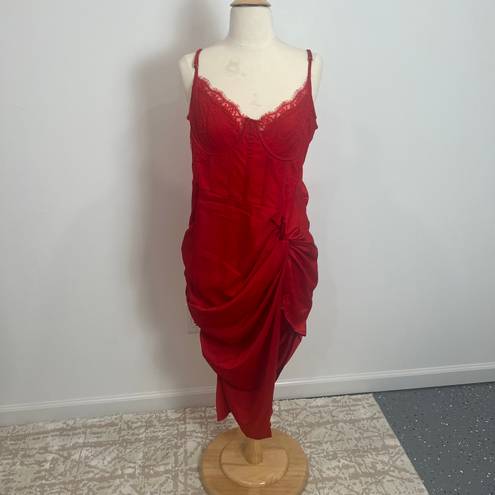 Pretty Little Thing Red Strappy Satin Gathered Midi Dress in Red