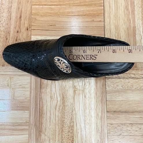 Brighton  “Ravish” Napa Snake Embossed Leather Black Mules Heels Size 6.5