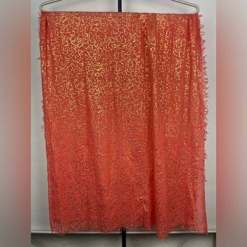 Cynthia Rowley Coral Gold Sheer Lightweight Rectangular Scarf with Fringe Hem