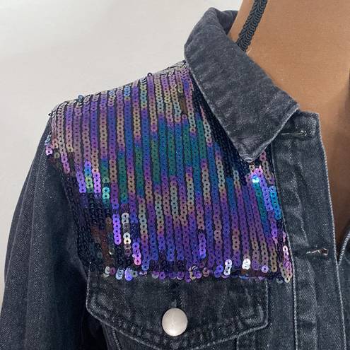 Le lis  shimmer and shine sequined cropped denim jacket with fringe hem size S