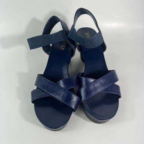 Ralph Lauren Lauren  LRL Navy Blue Leather Strappy Black Wedge Sandal Heels 10