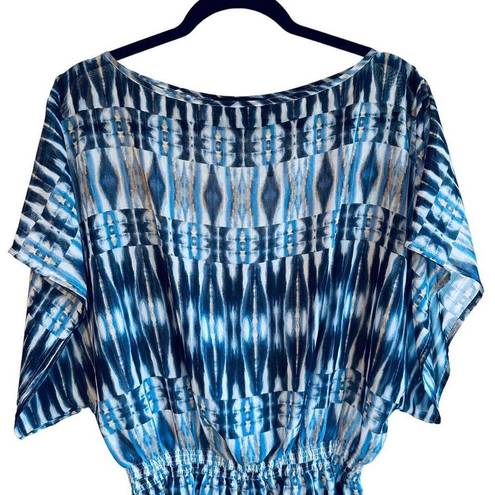 Cynthia Steffe  Ikat Sheer Blue & White Patterned Top with Metallic Gold Thread