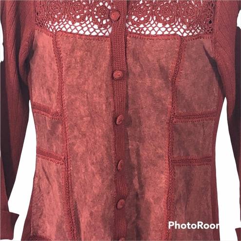 J.Jill  Rustic Red Crochet Wool Leather Patchwork Long Cardigan Sweater Jacket