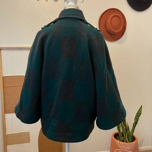 Anthropologie  Cartonnier Green Buffalo Plaid Checkered Coat Cape Wool Blend