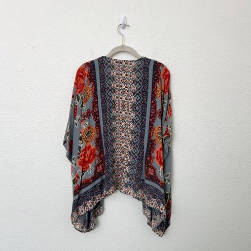 Angie [] Dove Gray Floral Print Flowy Open Front Kimono Cover-Up Boho Top Large L