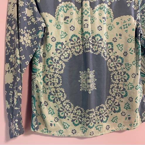 Coldwater Creek  100% Silk Blouse Blue Mixed Boho Prints Button Collar PS