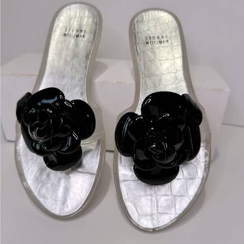 Stuart Weitzman Black Bloom Flower Jelly Flip Flop Sandals Size 8