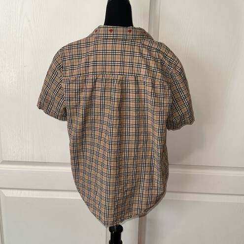 Polo VTG TAN & BLACK GINGHAM PLAID EMBROIDERED ROSE BUTTON UP 